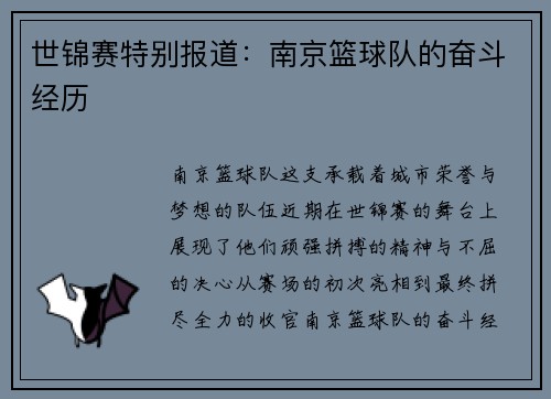 世锦赛特别报道：南京篮球队的奋斗经历