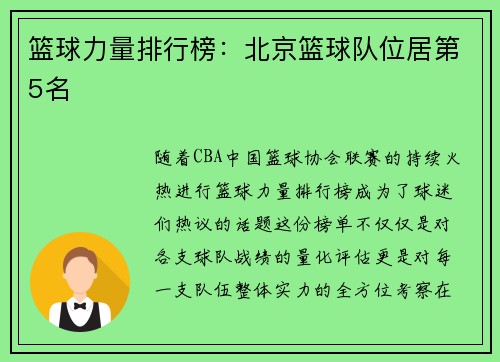 篮球力量排行榜：北京篮球队位居第5名