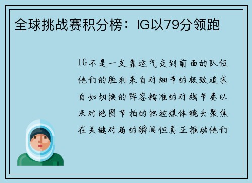 全球挑战赛积分榜：IG以79分领跑