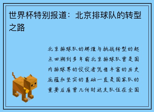 世界杯特别报道：北京排球队的转型之路